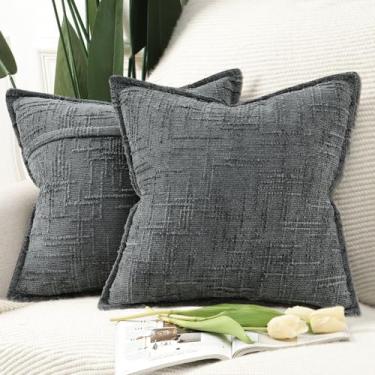 Imagem de Madizz Capas de almofada decorativas de chenille 45 x 45 cm, cinza escuro, pacote com 2 almofadas para sofá, sofá, boho, para cama, quarto, sala de estar, decoração de casa moderna