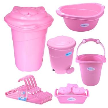 Imagem de Kit 10 peças Cesto de Roupas Bebê Bacia Balde Lixeira Organizador Cabides Plastibaby (Rosa)
