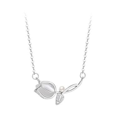 Imagem de Elegante colar de flor de tulipa com pingente de folha de pérola de cristal joia para mulheres, mamãe amigas, presentes de aniversário, Medium, Base de metal, Sem Pedra Preciosa