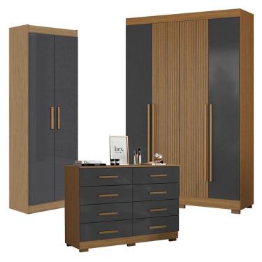 Imagem de Guarda Roupa Casal 2030240 com Armário Multiuso 2000191 e Cômoda 2014148 Atacama Grafite - Aramóveis