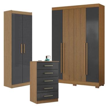 Imagem de Guarda Roupa Casal 2030240 com Armário Multiuso 2000191 e Cômoda 2014140 Atacama Grafite - Aramóveis