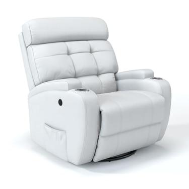 Imagem de Poltrona do papai Reclinável Elétrica Bivolt Com base Giratória e Balanço em Couro Bovino - Modelo Florença (Branco)