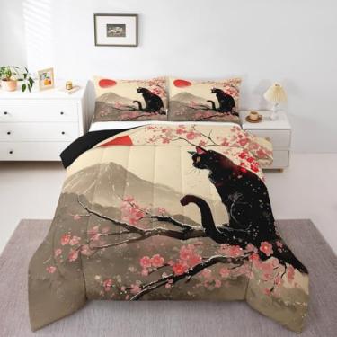 Imagem de Feelyou Jogo de cama king com estampa de gato preto, flores de cerejeira, pôr do sol e montanha Fuji, estilo japonês, conjunto de edredom
