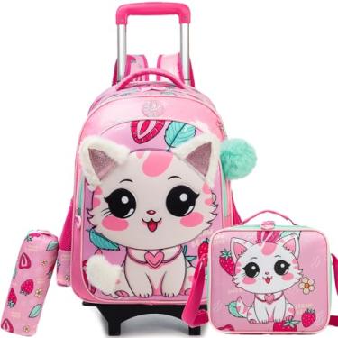 Imagem de ZBAOGTW Mochila com rodas para meninas, mochila com rodinhas para escola, mochilas com rodinhas para meninas com lancheira, Gato rosa morango, 16.5*11.8*7.8 inches