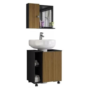 Imagem de Armário para banheiro Kit completo - gabinete para pia de coluna com rodízios + Espelheira Com Prateleira(PRETO/RIPADO)