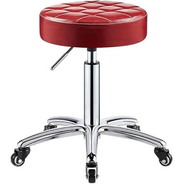 Imagem de Banquinho De Rolamento Com Rodas Almofada Redonda De Couro Pu Bancos Médicos Sem Encosto Cadeira Giratória Hidráulica Ajustável 41-56 Cm Para Salão De Spa Tatua, Red, One Size