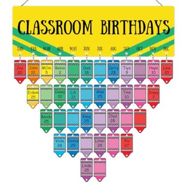 Imagem de JarThenaAMCS Calendário de aniversário, quadro para pendurar na parede, com 100 peças, etiquetas de giz de cera de madeira, placa de lembrete de nascimento para sala de aula para decoração de festa de