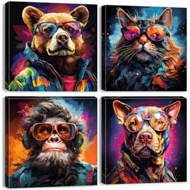 Imagem de Arte de parede de animais de grafite colorido legal aquarela arte de rua para meninos adolescentes decoração de quarto abstrato gato cão gorila usando óculos de sol pintura imagem sala de estar quarto