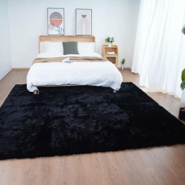 Imagem de Ghouse Tapete de pele de coelho sintética ultra macio, tapetes de área laváveis à máquina para quarto tapetes macios para sala de estar, tapete sem queda de pelego tapete preto 1,5 x 2,5 m
