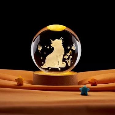 Imagem de Luminária Bola de Cristal, Mesa Sistema Solar Saturno Lua Galáxia LED Base Madeira Enfeite Decorativo Casa(Gato)
