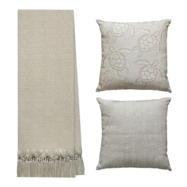 Imagem de Manta Para Sofá E Cama Grande 3 Metros Decorativa Com 2 Capas De Almofadas (MANTA BEGE- 1 CAPA TARTARUGA MARINHA E 1 CAPA BEGE)