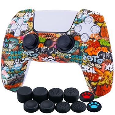 Imagem de YoRHa Capa espessa de silicone com impressão de transferência de água para controle PS5 x 1 (grafite de caveira) com 10 alças de polegar