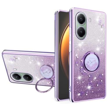 Imagem de MRRSIWEI Capa com glitter para Xiaomi Poco X7 Pro, capa luxuosa com flores brilhantes à prova de choque para mulheres e meninas com suporte de anel para Xiaomi Poco X7 Pro. Flores roxas