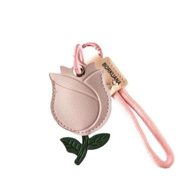 Imagem de Capa de couro compatível com AirTag, linda capa protetora com chaveiro e cordão, antiarranhões, rastreador GPS para chaves, bolsa, animais de estimação (rosa rosa)