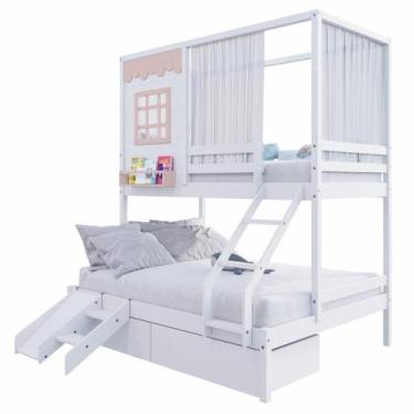 Imagem de Beliche Casinha Reta Casal 2 Gav Escorregador Cortina Rosa - Housin