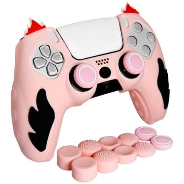 Imagem de HLRAO Anti-Slip Pink&Black PS5 Controller Skin,Soft Thicken Studded Protective Silicone Cover Skin Grips Compatible with PS5/Slim/Pro Controller and 10 PCS Pink Thumb Grips Caps.