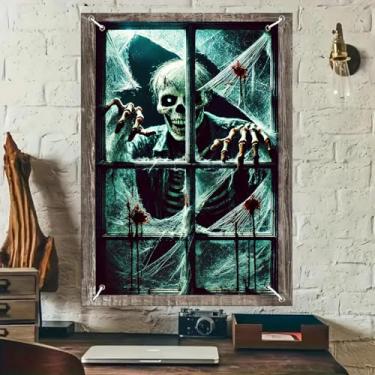 Imagem de BlissYard Capa de janela de Halloween 78 x 128 cm cenário de esqueleto assustador pôster de zumbi assustador decoração de casa assombrada para cena de janela de terror faixa de parede interna e