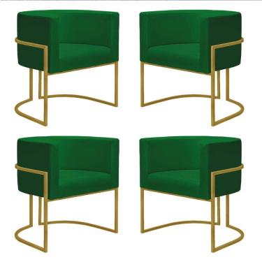 Imagem de Kit 4 Poltronas Reforçadas Decorativa Sala Nayara Base Ferro Dourado Suede Verde