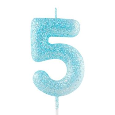 Imagem de Vela de 5º aniversário com glitter azul número 5 velas luminosas para bolo decorações de feliz aniversário para meninas, meninos, mulheres, comemorações, artigos de festa