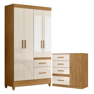 Imagem de Guarda Roupa Solteiro Madri com espelho e Cômoda Vênus Freijó Off Whit