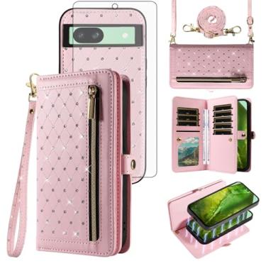 Imagem de Asuwish Capa de celular para Google Pixel 8A 5G carteira com zíper destacável capa magnética com protetor de tela de vidro temperado alça transversal Bling Glitter Flip suporte para cartão de crédito