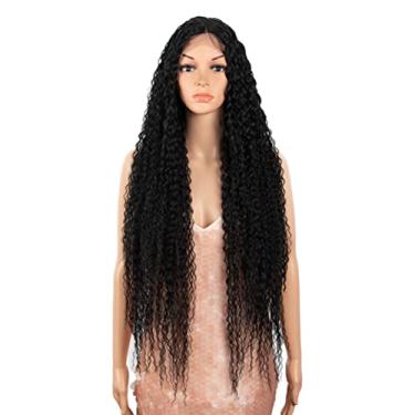 Imagem de Style Icon Peruca cacheada longa de 96,5 cm, perucas sintéticas com cabelo de bebê, peruca preta, metade amarrada à mão, densidade de 130% (96,5 cm, 1B)