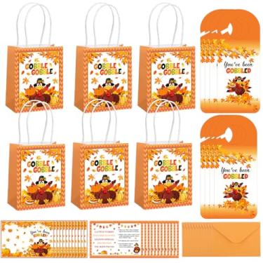 Imagem de Bulyoou Conjunto de 24 sacos de presente de Ação de Graças You've Been Gobbled Turkey Kit iniciante com 24 sacos de presente, 24 cartolina, 24 cabides para maçanetas You've Been Gobbled 24 envelopes