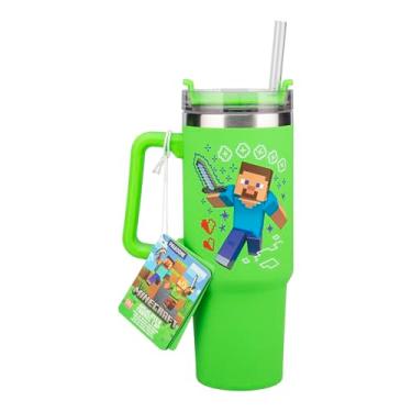 Imagem de Paladone Minecraft Steve & Creeper Copo e Canudo com Isolamento Verde de 850 g, Copo de Viagem Quencher Oficialmente Licenciado com Alça para Chá Gelado ou Café, Mercadoria de Jogos