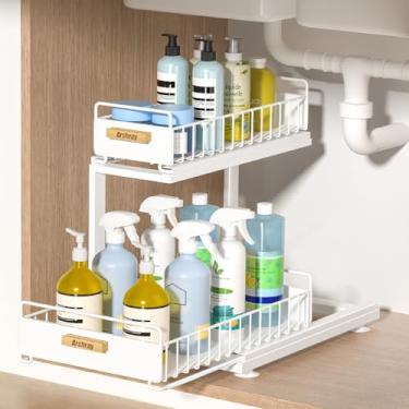 Imagem de arshray Organizador embaixo da pia organizador de armário de 2 níveis ajustável em altura para armário de armazenamento para armário de cozinha e banheiro (branco)