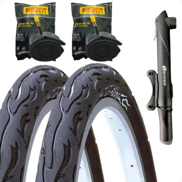 Imagem de PAR Pneu Bicicleta Kenda Flame Balão Aro 26 x 2.125 Liso Fogo + PAR Camara Pirelli Bomba portatil