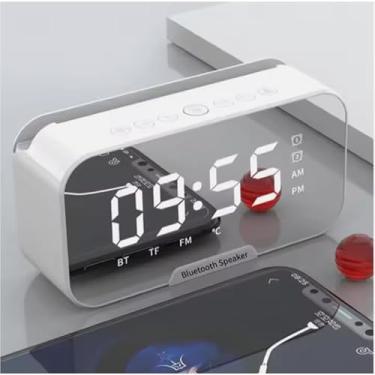 Imagem de Caixa de Som com Alto Falante Bluetooth, Tela Espelhada Portátil e Compacto com Led Luminoso, Alarme Duplo, Display de Temperatura, Temporizador de Sono (Branco)
