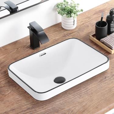Imagem de KDKSC Pia de vaso de banheiro 51 cm x 36 cm pia de banheiro semi-embutida retangular com transbordamento branco com acabamento preto pias de cerâmica moderna para banheiro