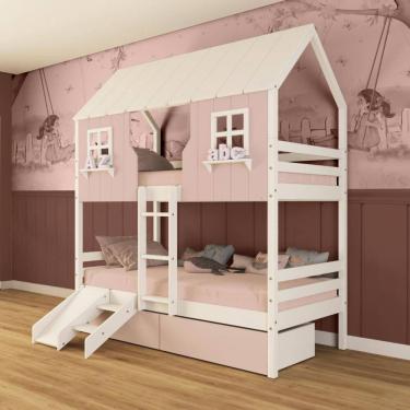 Imagem de Beliche Casinha Encantada com 02 Gavetas Kit Escada/ Escorregador Madeira Maciça Rosa/ Branco Megamobilia