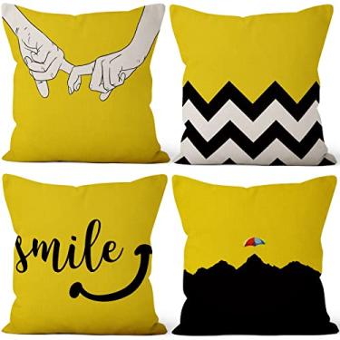 Imagem de Vie Savaran 4 peças/conjunto de capas de travesseiro amarelas de mãos dadas sorridente, estampa abstrata, geométrico, para amantes, fronhas, para cadeiras, sofá, varanda, quarto, casa, exterior, carro