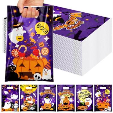 Imagem de Kolldenn 120 peças de sacolas fofas de doces ou travessuras de Halloween com alças de plástico doces fantasma abóbora recipiente de presente para chá de bebê de Halloween (abóbora)