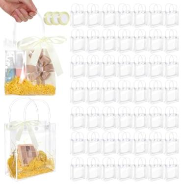 Imagem de Yuanan Pacote com 50 sacos de presente transparentes com alças, sacos de plástico transparente, mini cestas para presentes, sacos de PVC reutilizáveis com fita (16 cm x 15 cm x 6,5 cm)