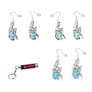 Imagem de AlterImage Pacote com 3 brincos de sereia mítica que brilham no escuro, verde, azul e azul celeste, inclui luz UV, Permitem zinco, Sem pedra preciosa