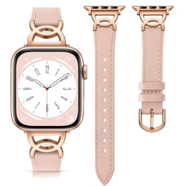 Imagem de DaQin Pulseira de couro fina compatível com Apple Watch séries 10, 9, 8, 7, 6, 5, 4, 3, 2 e 1 de 44 mm, 42 mm, 45 mm e 46 mm, rosa