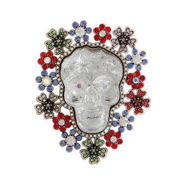 Imagem de Cabeça de caveira punk com broche de flores coloridas para mulheres e homens vintage esqueleto lapela crachá zircônia cúbica cristal corpete gótico vestido de Halloween cachecóis xaile acessório de
