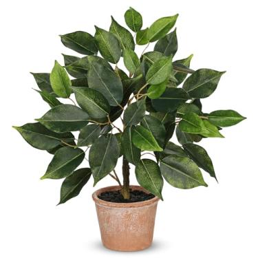 Imagem de Planta falsa 33 cm pequena planta artificial ficus plantas artificiais árvore banyan com vaso rústico de terracota plantas de seda para decoração de casa, escritório, sala de estar, quarto, prateleira