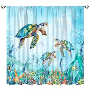 Imagem de Djaby Cortina de tartaruga marinha, azul oceano litoral praia náutica decoração de janela para quarto de crianças sala de estar casa 106,7 cm L x 114,3 cm C (sem apagão)