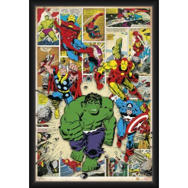 Imagem de BUY ART FOR LESS Pôster emoldurado oficialmente licenciado pela Marvel - Here Comes the Heroes - 61 x 91 cm - Moldura de madeira projetada resistente com vidro plexi - Pronto para pendurar