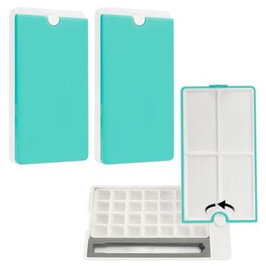 Imagem de LELE LIFE Pacote com 2 paletas de aquarela com tampa giratória de 360°, paleta de tinta de viagem de 28 poços, bandeja vazia com 4 áreas de mistura e suporte de pincel para guache de aquarela, azul