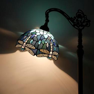 Imagem de AVIVADIRECT Tiffany Luminária de chão de vidro manchado azul estilo libélula luz de leitura arqueada pescoço de ganso lâmpada de pé de canto ajustável 30 x 40 x 166 cm para quarto, sala de estar