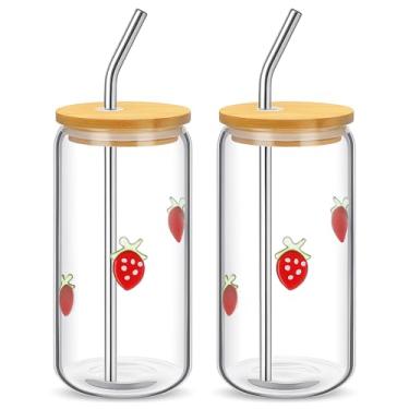 Imagem de Honeydak Copo de café gelado de morango, copo de vidro doce com tampa e canudo para copos - Dia dos Namorados, presentes de aniversário para mulheres, mãe, filha, esposa