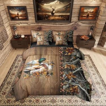 Imagem de Erosebridal Jogo de cama queen com estampa de árvores e folhas de bosque camuflado, 7 peças, para crianças, meninos, meninas, caça, cabana rústica, campo, vida selvagem, floresta, folhas e árvores