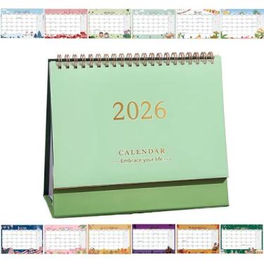 Imagem de Calendário de mesa pequeno 2025-2026, calendário mensal dobrável em pé, 19 x 17 cm, agenda, agenda, agenda, papel grosso, encadernação de fio duplo para decoração de ano novo (verde)