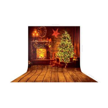 Imagem de Fundo Fotográfico em Tecido Natal Madeira Lareira e Árvore - 150x170cm