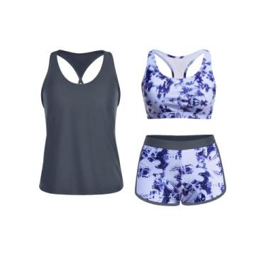Imagem de Maiô Tankini Yonique de 3 peças para mulheres com shorts XS Blue