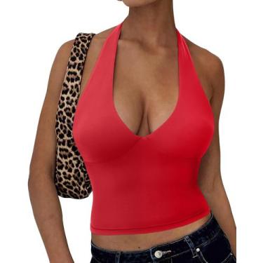 Imagem de Camiseta regata feminina sexy OMKAGI com decote em V sem mangas vermel